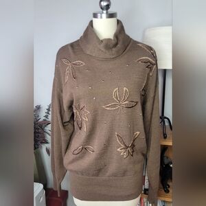 Vintage Turtleneck Sweater Embroidered Lambswool Angora Blend Brown Size Medium